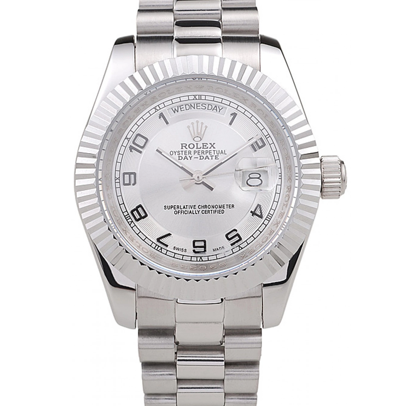 Aaa replica watch Stainless Polished Day-Date Rolex White Dial Steel 0706